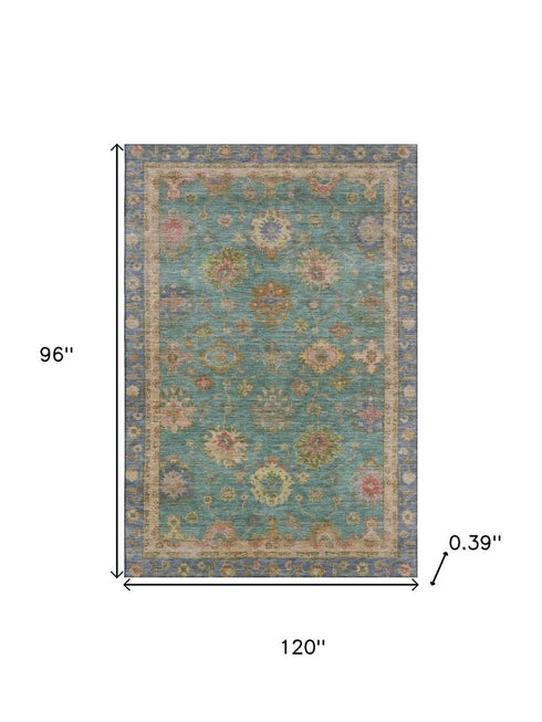 8' X 10' Teal And Blush Oriental Washable Area Rug With UV Protection