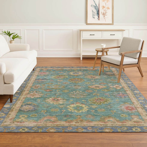 8' X 10' Teal And Blush Oriental Washable Area Rug With UV Protection