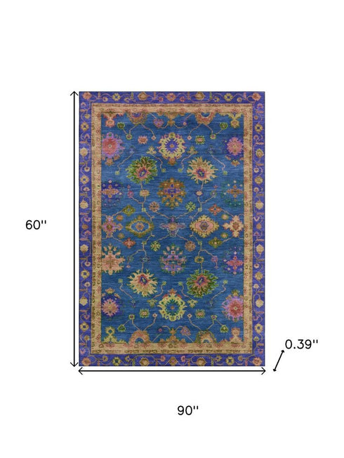 5' X 8' Blue And Green Oriental Washable Area Rug With UV Protection