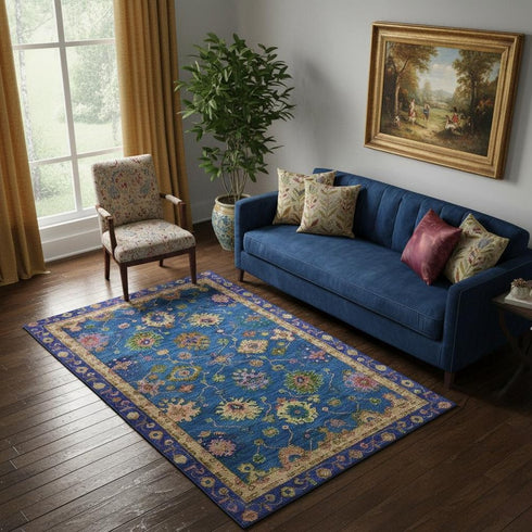 5' X 8' Blue And Green Oriental Washable Area Rug With UV Protection