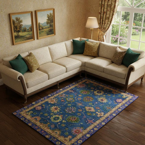 9' X 12' Blue And Green Oriental Washable Area Rug With UV Protection