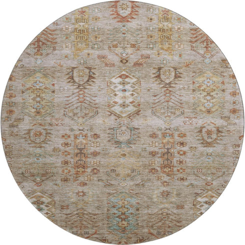 8' Beige And Brown Southwestern Washable Round Rug With UV Protection