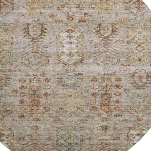 8' Beige And Brown Southwestern Washable Round Rug With UV Protection
