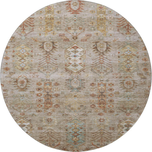 8' Beige And Brown Southwestern Washable Round Rug With UV Protection