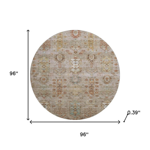 8' Beige And Brown Southwestern Washable Round Rug With UV Protection