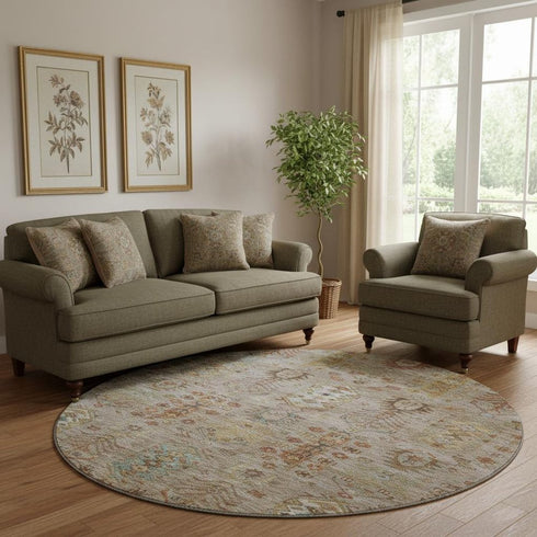 8' Beige And Brown Southwestern Washable Round Rug With UV Protection