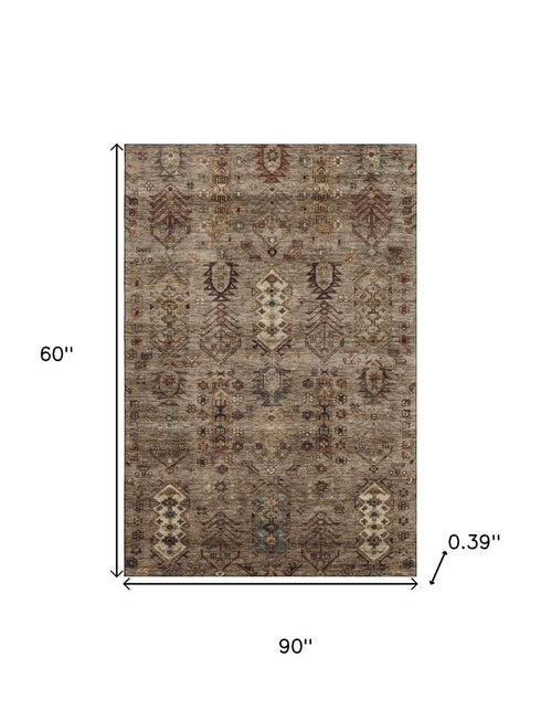 5' X 8' Brown And Gray Southwestern Washable Area Rug With UV Protection