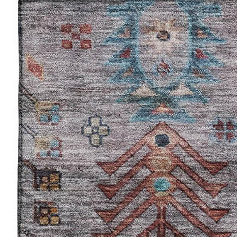 5' X 8' Gray And Teal Southwestern Washable Area Rug With UV Protection