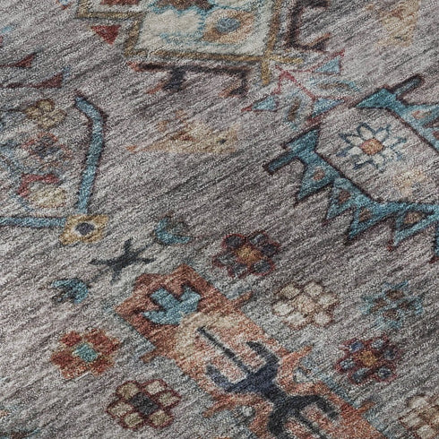 5' X 8' Gray And Teal Southwestern Washable Area Rug With UV Protection