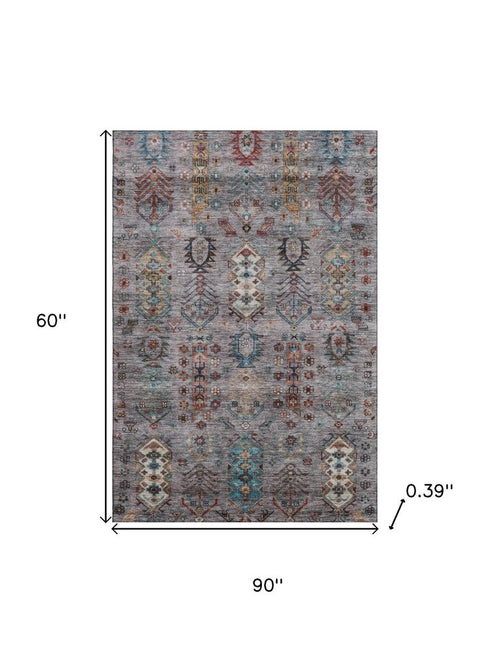 5' X 8' Gray And Teal Southwestern Washable Area Rug With UV Protection