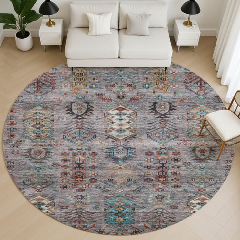 8' Gray And Teal Southwestern Washable Round Rug With UV Protection