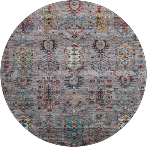 8' Gray And Teal Southwestern Washable Round Rug With UV Protection