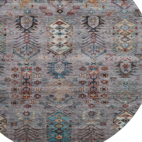 8' Gray And Teal Southwestern Washable Round Rug With UV Protection