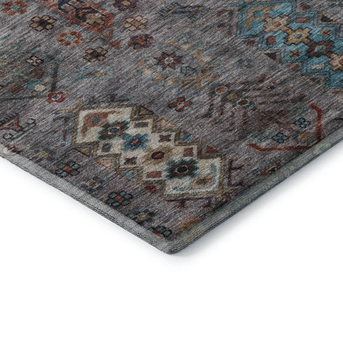 8' Gray And Teal Southwestern Washable Round Rug With UV Protection