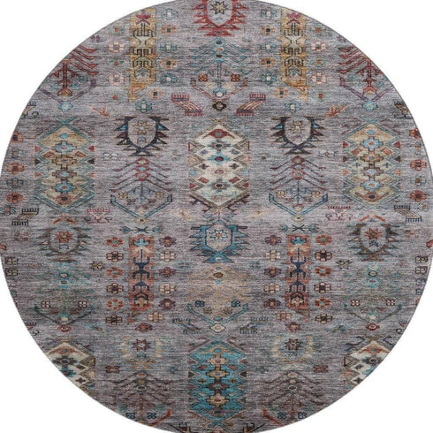8' Gray And Teal Southwestern Washable Round Rug With UV Protection