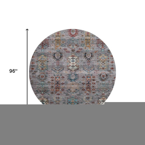 8' Gray And Teal Southwestern Washable Round Rug With UV Protection