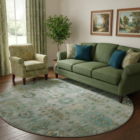 8' Sage And Copper Southwestern Washable Round Rug With UV Protection