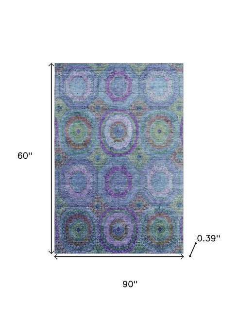 5' X 8' Blue And Purple Geometric Washable Area Rug With UV Protection
