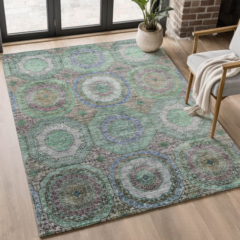 8' X 10' Green And Gray Geometric Washable Area Rug With UV Protection