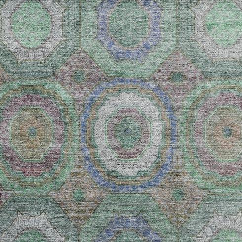 8' X 10' Green And Gray Geometric Washable Area Rug With UV Protection