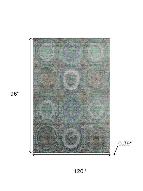 8' X 10' Green And Gray Geometric Washable Area Rug With UV Protection