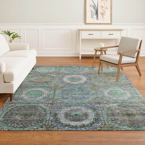 8' X 10' Green And Gray Geometric Washable Area Rug With UV Protection