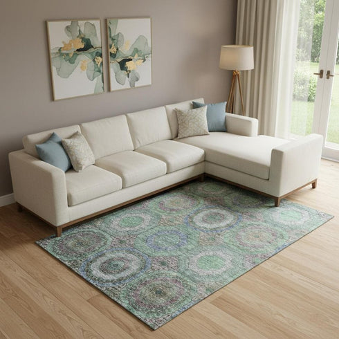 8' X 10' Green And Gray Geometric Washable Area Rug With UV Protection