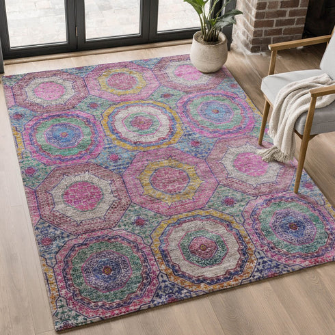 8' X 10' Pink And Blue Geometric Washable Area Rug With UV Protection