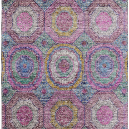 8' X 10' Pink And Blue Geometric Washable Area Rug With UV Protection