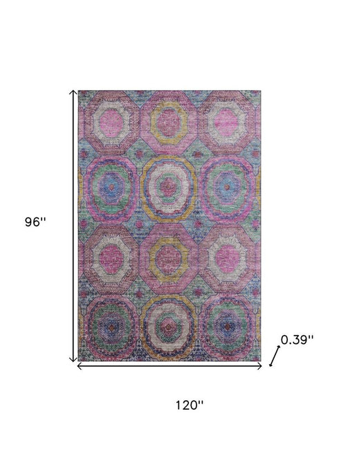8' X 10' Pink And Blue Geometric Washable Area Rug With UV Protection