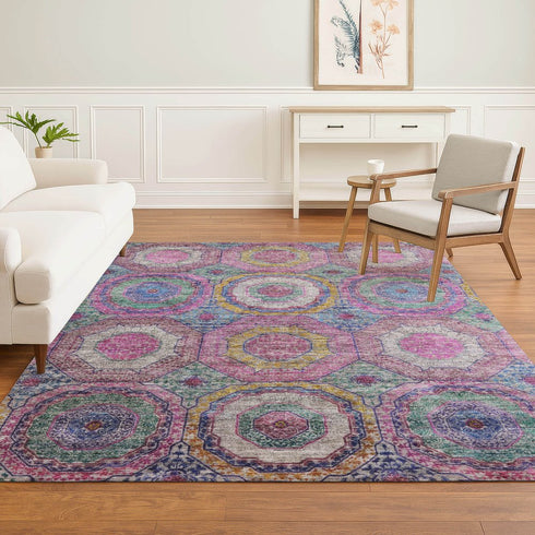 8' X 10' Pink And Blue Geometric Washable Area Rug With UV Protection