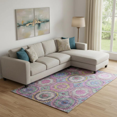 8' X 10' Pink And Blue Geometric Washable Area Rug With UV Protection