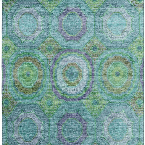 8' X 10' Teal And Lime Green Geometric Washable Area Rug With UV Protection
