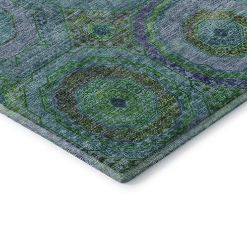 8' X 10' Teal And Lime Green Geometric Washable Area Rug With UV Protection