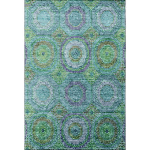 8' X 10' Teal And Lime Green Geometric Washable Area Rug With UV Protection