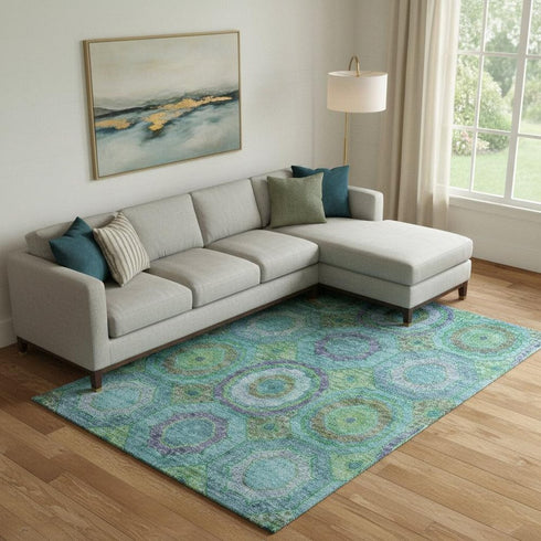 8' X 10' Teal And Lime Green Geometric Washable Area Rug With UV Protection