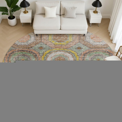 8' Sage And Gold Geometric Washable Round Rug With UV Protection