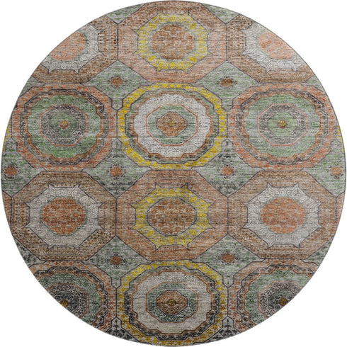 8' Sage And Gold Geometric Washable Round Rug With UV Protection