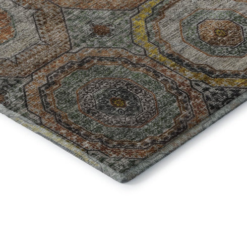 8' Sage And Gold Geometric Washable Round Rug With UV Protection