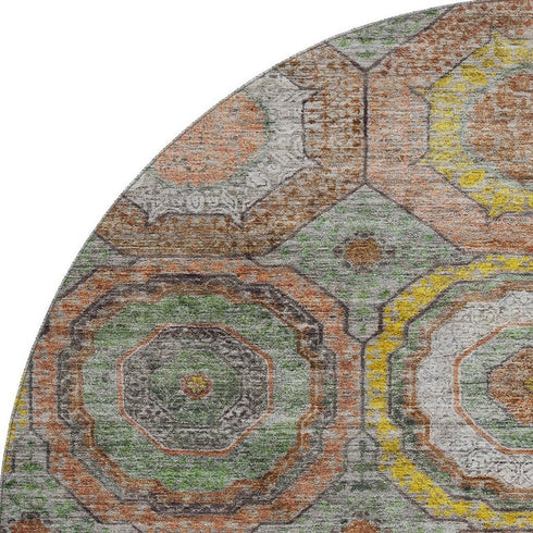 8' Sage And Gold Geometric Washable Round Rug With UV Protection