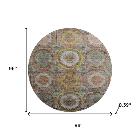8' Sage And Gold Geometric Washable Round Rug With UV Protection