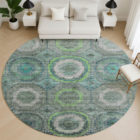 8' Teal And Lime Green Geometric Washable Round Rug With UV Protection