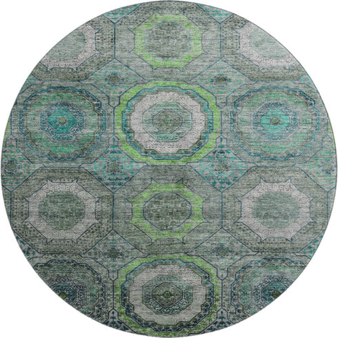 8' Teal And Lime Green Geometric Washable Round Rug With UV Protection