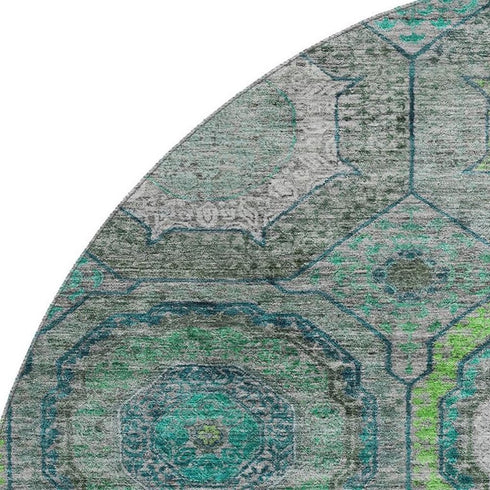 8' Teal And Lime Green Geometric Washable Round Rug With UV Protection