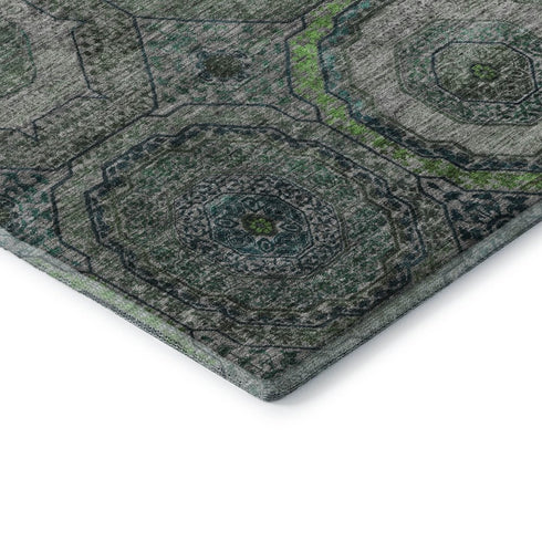 8' Teal And Lime Green Geometric Washable Round Rug With UV Protection