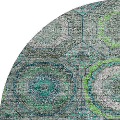 8' Teal And Lime Green Geometric Washable Round Rug With UV Protection
