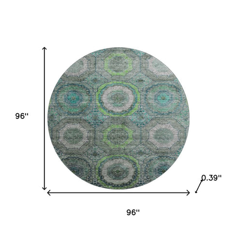 8' Teal And Lime Green Geometric Washable Round Rug With UV Protection