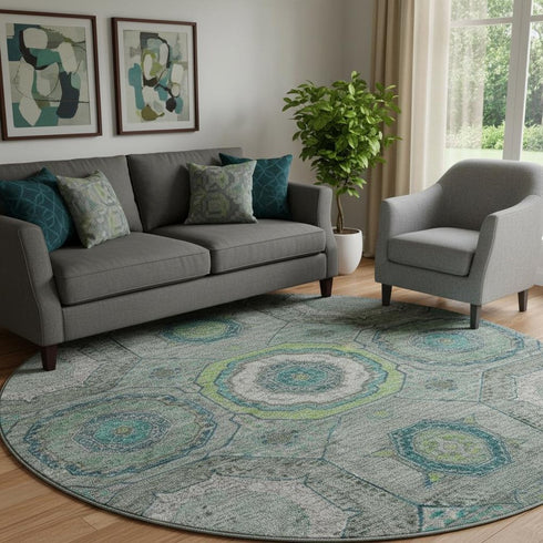 8' Teal And Lime Green Geometric Washable Round Rug With UV Protection