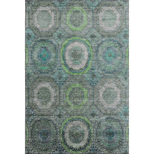 8' X 10' Teal And Lime Green Geometric Washable Area Rug With UV Protection