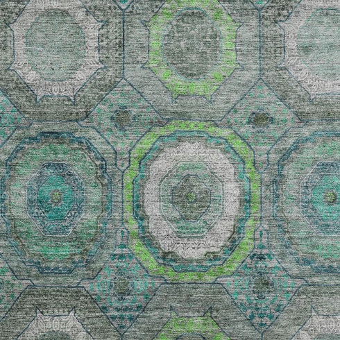 8' X 10' Teal And Lime Green Geometric Washable Area Rug With UV Protection